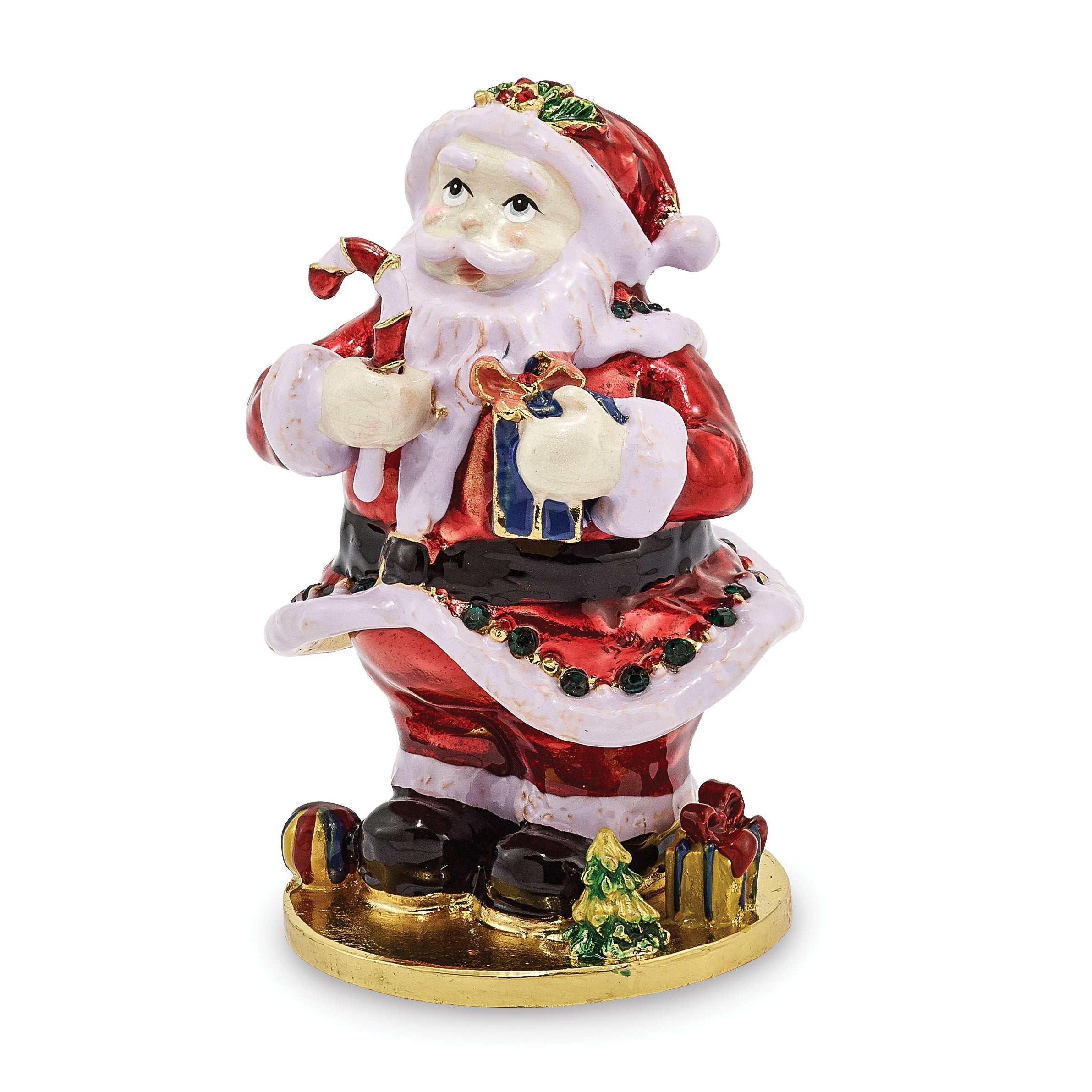 Luxury Giftware by Jere Bejeweled Crystals Gold-tone Enameled CHRISTMAS CALLER Santa Claus Trinket Box with Matching 18 Inch Necklace