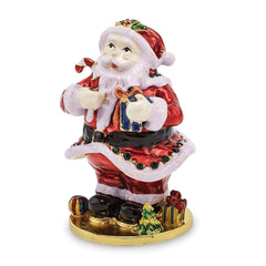 Luxury Giftware by Jere Bejeweled Crystals Gold-tone Enameled CHRISTMAS CALLER Santa Claus Trinket Box with Matching 18 Inch Necklace