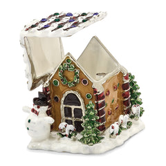Luxury Giftware by Jere Bejeweled Crystals Silver-tone Enameled LEBKUCHENHAUS Gingerbread House Trinket Box with Matching 18 Inch Necklace
