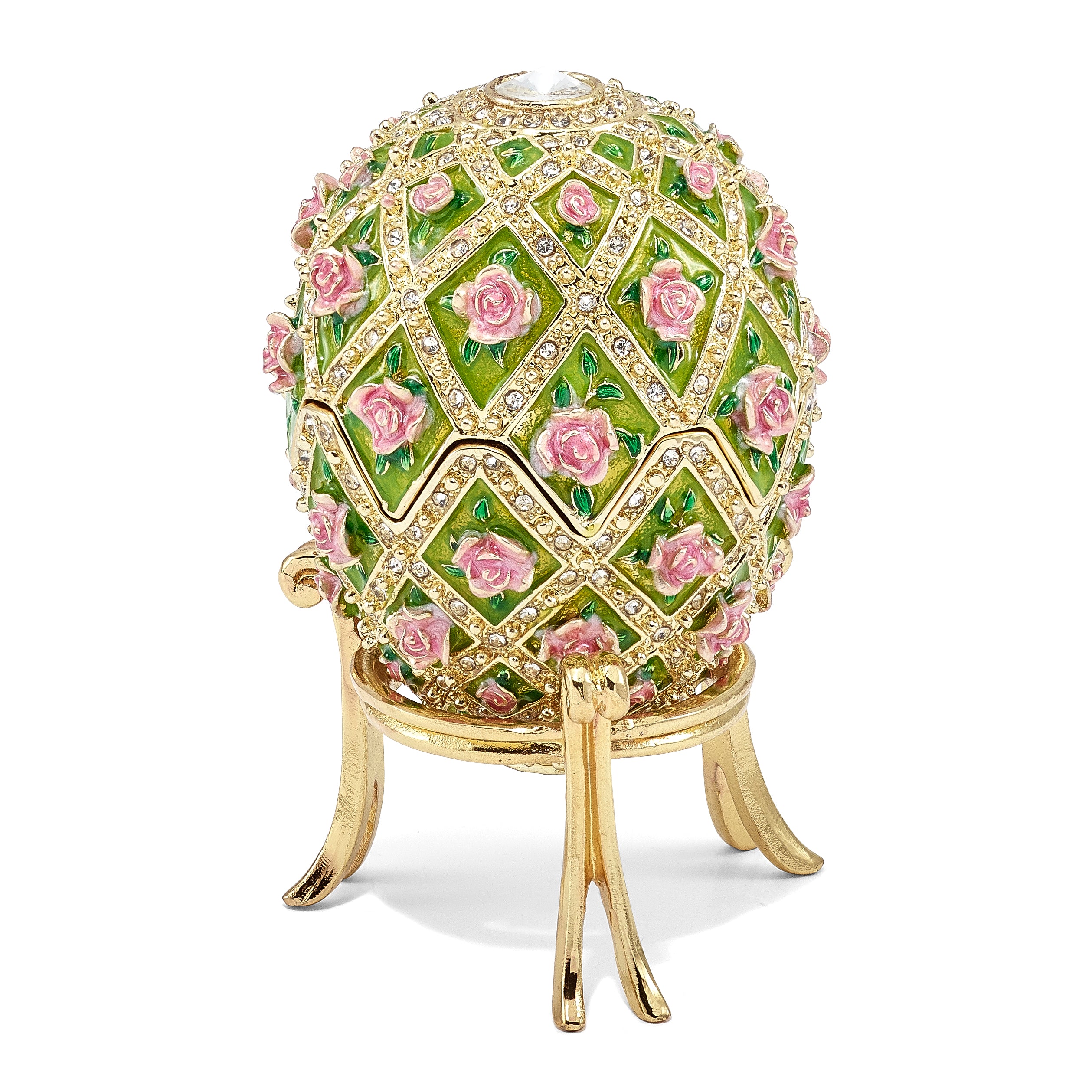 Luxury Giftware by Jere Pewter Bejeweled Crystals Gold-tone Enameled ROSE GARDEN Floral (Plays Memory) Musical Egg with Matching 18 Inch Necklace