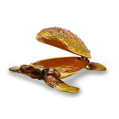 Luxury Giftware by Jere Pewter Bejeweled Crystals Gold-tone Enameled PALM BEACH Loggerhead Sea Turtle Trinket Box with Matching 18 Inch Necklace