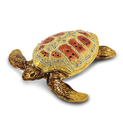 Luxury Giftware by Jere Pewter Bejeweled Crystals Gold-tone Enameled PALM BEACH Loggerhead Sea Turtle Trinket Box with Matching 18 Inch Necklace