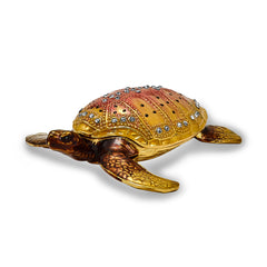 Luxury Giftware by Jere Pewter Bejeweled Crystals Gold-tone Enameled PALM BEACH Loggerhead Sea Turtle Trinket Box with Matching 18 Inch Necklace