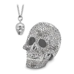 Luxury Giftware by Jere Pewter Bejeweled Crystals Silver-tone Enameled TREASURE TROVE Full Crystal Skull Trinket Box with Matching 18 Inch Necklace