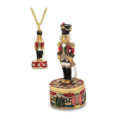 Luxury Giftware by Jere Bejeweled Crystals Gold-tone Enameled CHRISTOPH Nutcracker Trinket Box with Matching 18 Inch Necklace