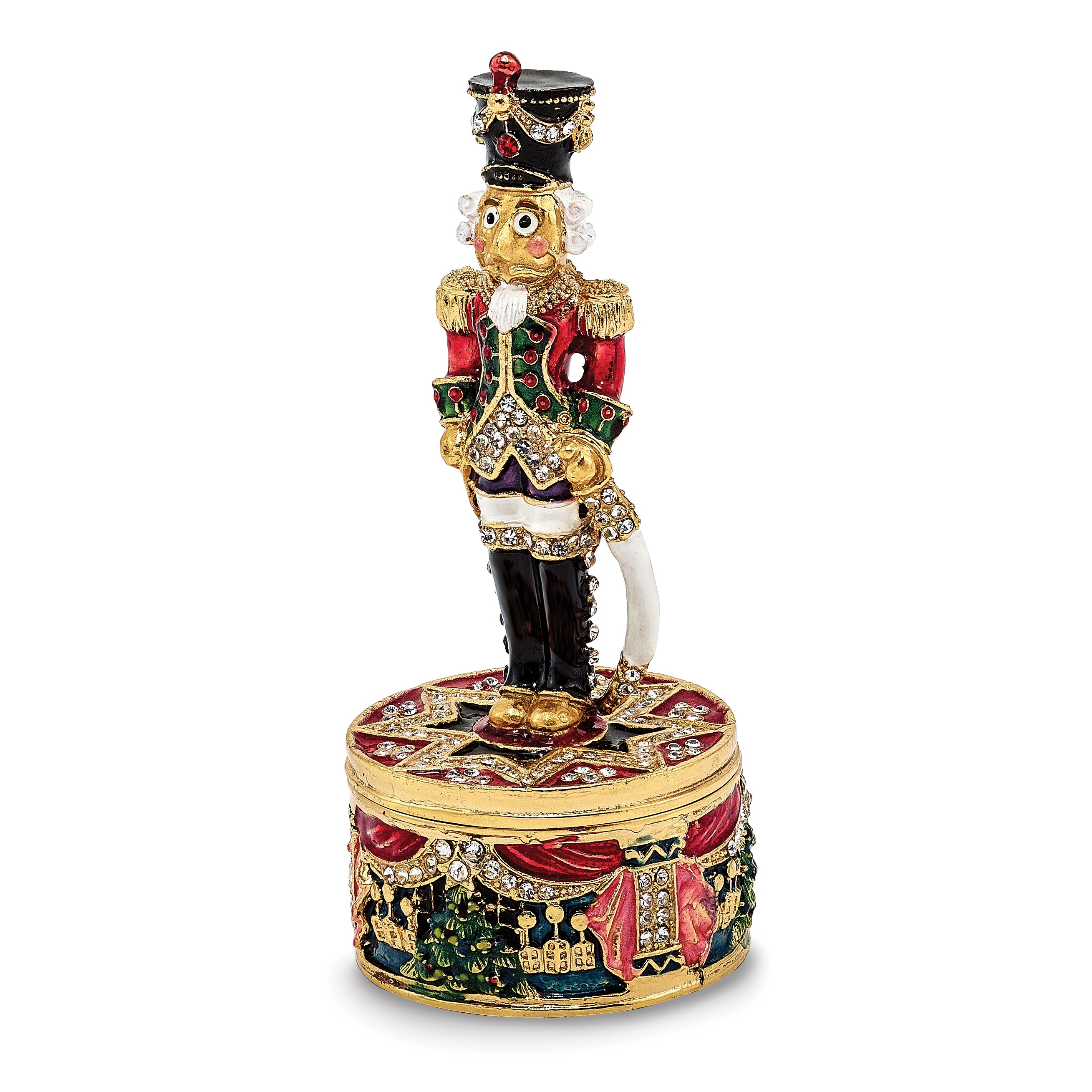 Luxury Giftware by Jere Bejeweled Crystals Gold-tone Enameled CHRISTOPH Nutcracker Trinket Box with Matching 18 Inch Necklace