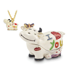 Luxury Giftware by Jere Pewter Bejeweled Crystals Gold-tone Enameled I LOVE YOU Cow Trinket Box with Matching 18 Inch Necklace