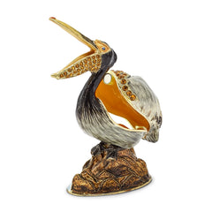 Luxury Giftware by Jere Pewter Bejeweled Crystals Gold-tone Enameled PATSY Pelican on Rocks Trinket Box with Matching 18 Inch Necklace