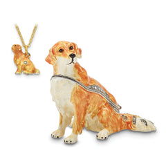 Luxury Giftware by Jere Pewter Bejeweled Crystals Silver-tone Enameled GOLDIE Golden Retriever Trinket Box with Matching 18 Inch Necklace