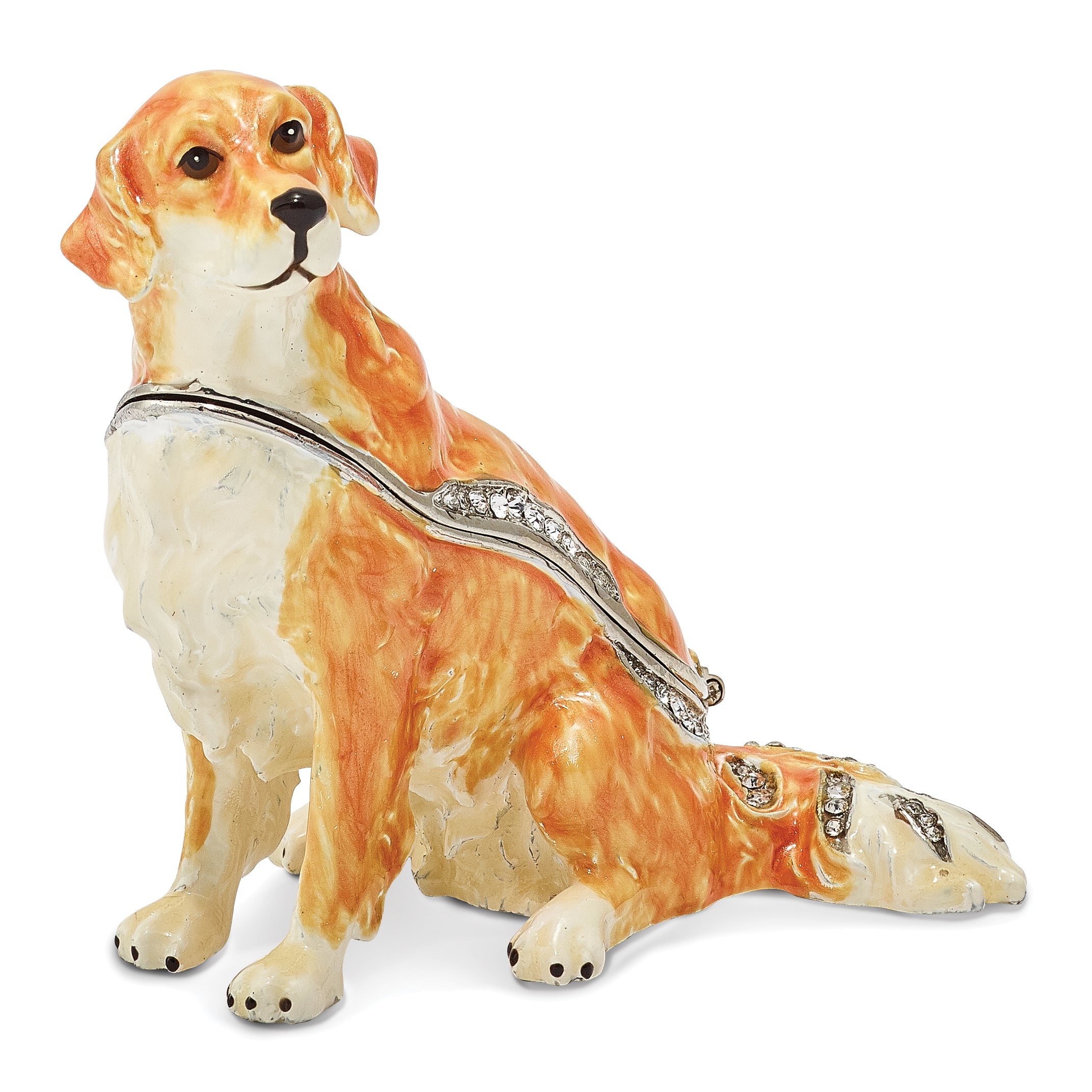 Luxury Giftware by Jere Pewter Bejeweled Crystals Silver-tone Enameled GOLDIE Golden Retriever Trinket Box with Matching 18 Inch Necklace