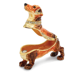 Luxury Giftware by Jere Pewter Bejeweled Crystals Gold-tone Enameled OSCAR Dachshund Trinket Box with Matching 18 Inch Necklace