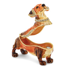 Luxury Giftware by Jere Pewter Bejeweled Crystals Gold-tone Enameled OSCAR Dachshund Trinket Box with Matching 18 Inch Necklace