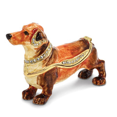 Luxury Giftware by Jere Pewter Bejeweled Crystals Gold-tone Enameled OSCAR Dachshund Trinket Box with Matching 18 Inch Necklace