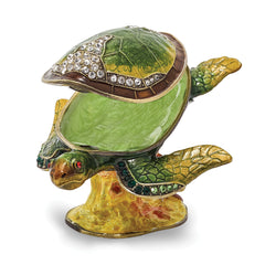 Luxury Giftware by Jere Pewter Bejeweled Crystals Gold-tone Enameled ROXY Reef Dweller Sea Turtle Trinket Box with Matching 18 Inch Necklace