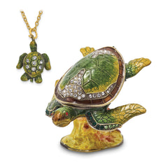 Luxury Giftware by Jere Pewter Bejeweled Crystals Gold-tone Enameled ROXY Reef Dweller Sea Turtle Trinket Box with Matching 18 Inch Necklace