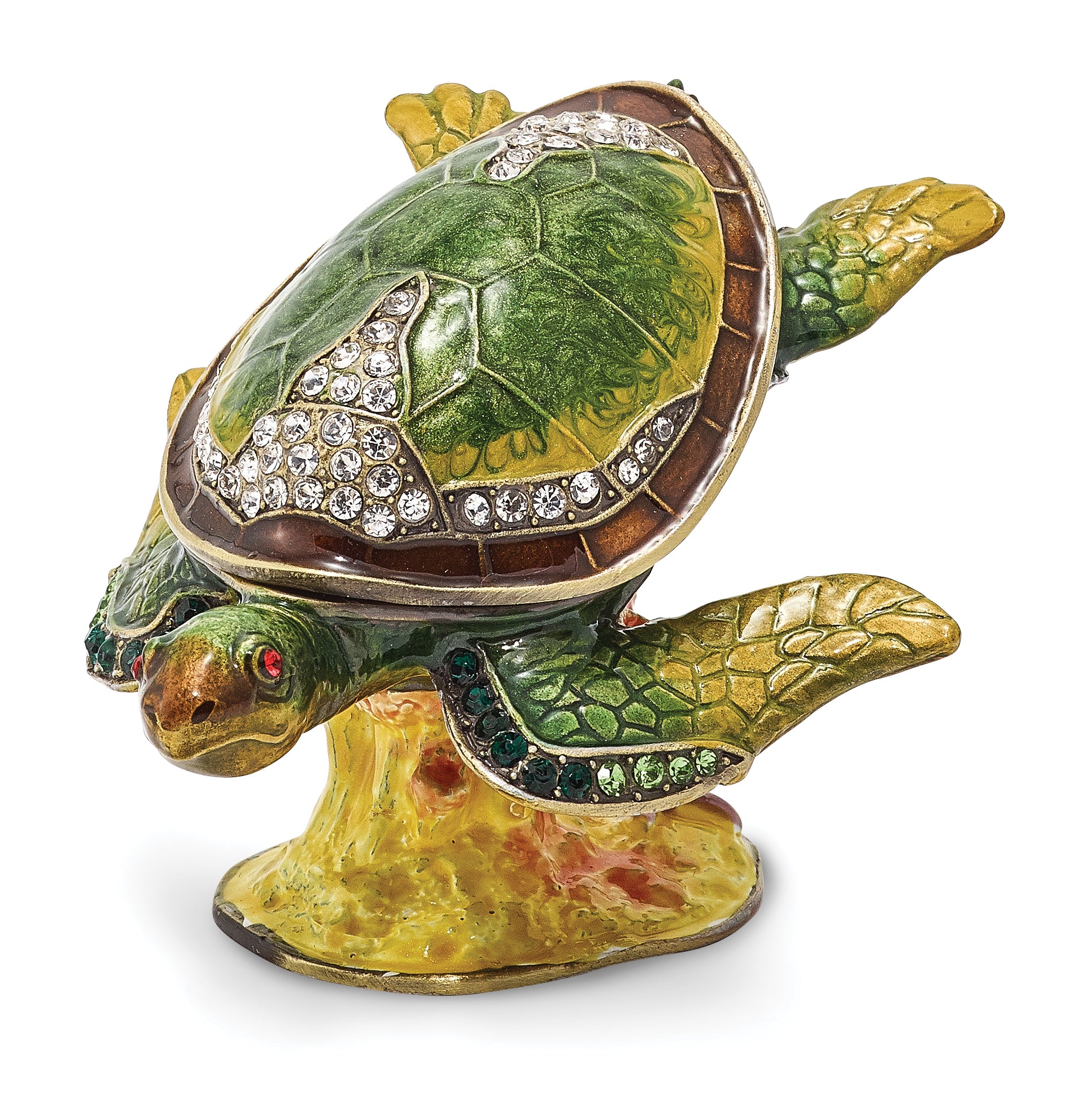 Luxury Giftware by Jere Pewter Bejeweled Crystals Gold-tone Enameled ROXY Reef Dweller Sea Turtle Trinket Box with Matching 18 Inch Necklace