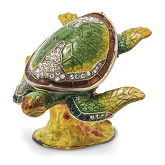 Luxury Giftware by Jere Pewter Bejeweled Crystals Gold-tone Enameled ROXY Reef Dweller Sea Turtle Trinket Box with Matching 18 Inch Necklace