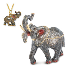 Luxury Giftware by Jere Pewter Bejeweled Crystals Gold-tone Enameled ZARA Trumpeting Elephant Trinket Box with Matching 18 Inch Necklace