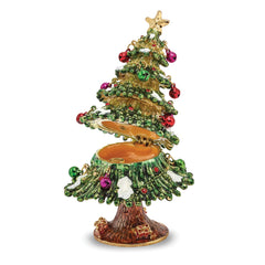 Luxury Giftwar by Jere Bejeweled Crystals Gold-tone Enameled DECK THE HALLS Christmas Tree Trinket Box with Matching 18 Inch Necklace