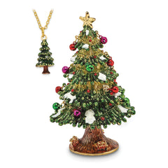 Luxury Giftwar by Jere Bejeweled Crystals Gold-tone Enameled DECK THE HALLS Christmas Tree Trinket Box with Matching 18 Inch Necklace