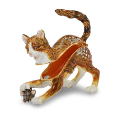 Luxury Giftware by Jere Pewter Bejeweled Crystals Gold-tone Enameled THOM & JERE Cat & Mouse Trinket Box with Matching 18 Inch Necklace