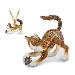 Luxury Giftware by Jere Pewter Bejeweled Crystals Gold-tone Enameled THOM & JERE Cat & Mouse Trinket Box with Matching 18 Inch Necklace