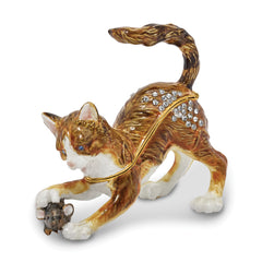 Luxury Giftware by Jere Pewter Bejeweled Crystals Gold-tone Enameled THOM & JERE Cat & Mouse Trinket Box with Matching 18 Inch Necklace