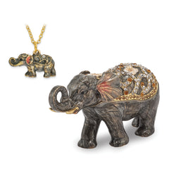 Luxury Giftware by Jere Pewter Bejeweled Crystals Gold-tone Enameled PRINCESS JAIPUR Elephant Trinket Box with Matching 18 Inch Necklace