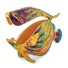 Luxury Giftware by Jere  Pewter Bejeweled Crystals Gold-tone Enameled CLYDE Kaleidoscope Fish Trinket Box with Matching 18 Inch Necklace