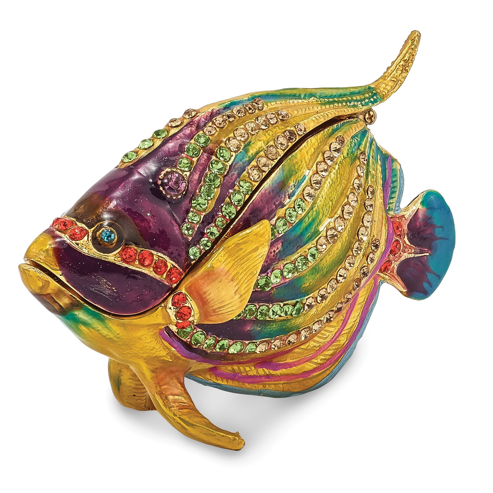 Luxury Giftware by Jere  Pewter Bejeweled Crystals Gold-tone Enameled CLYDE Kaleidoscope Fish Trinket Box with Matching 18 Inch Necklace