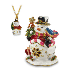 Luxury Giftware by Jere Bejeweled Crystals Gold-tone Enameled HOLLY JOLLY Snowman Trinket Box with Matching 18 Inch Necklace