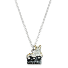Luxury Giftware by Jere Pewter Bejeweled Crystals Silver-tone Enameled MISS KITTY Cat in Purse Trinket Box with Matching 18 Inch Necklace