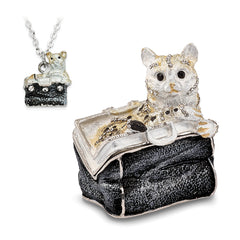 Luxury Giftware by Jere Pewter Bejeweled Crystals Silver-tone Enameled MISS KITTY Cat in Purse Trinket Box with Matching 18 Inch Necklace