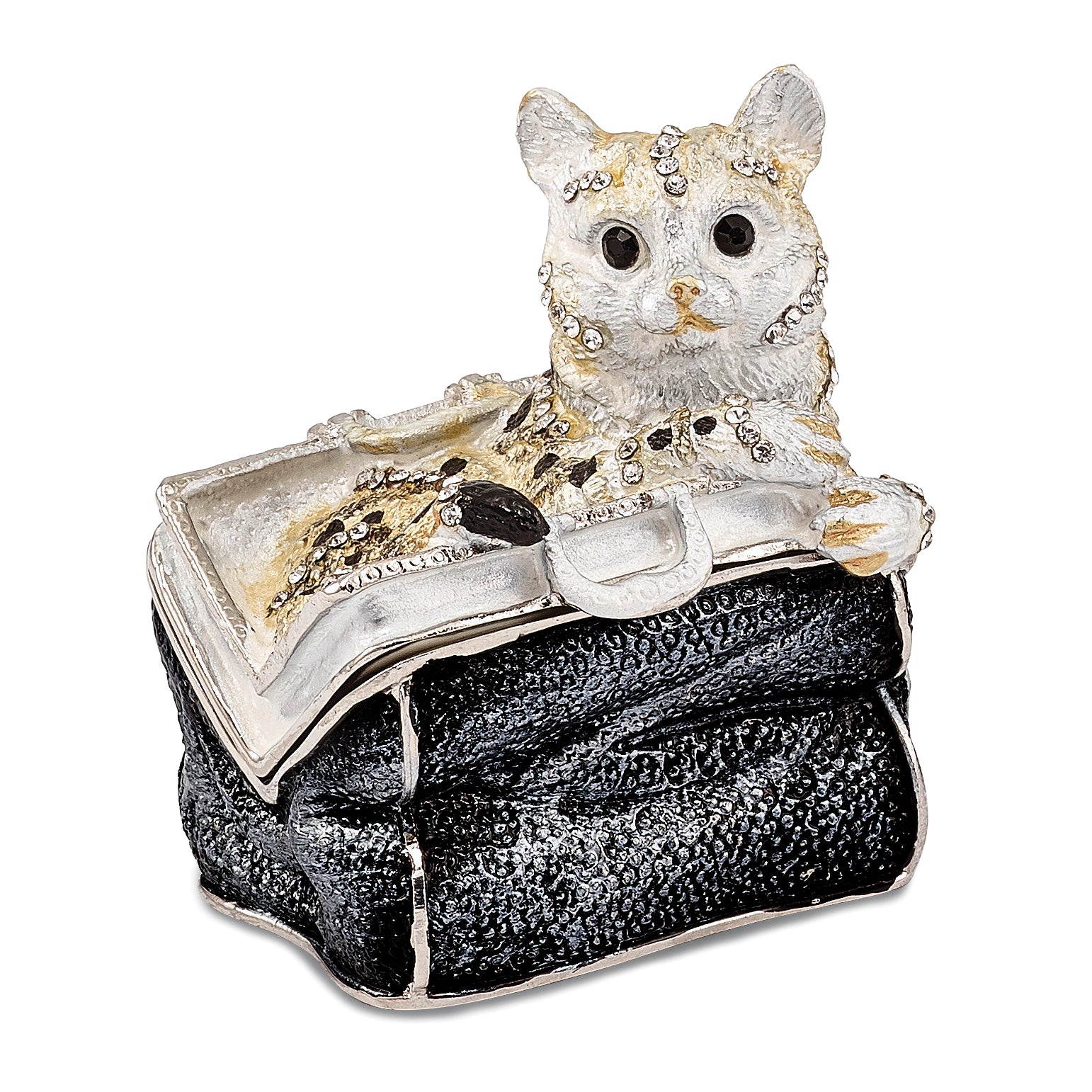 Luxury Giftware by Jere Pewter Bejeweled Crystals Silver-tone Enameled MISS KITTY Cat in Purse Trinket Box with Matching 18 Inch Necklace