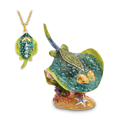Luxury Giftware by Jere Pewter Bejeweled Crystals Gold-tone Enameled BARBY Stingray Trinket Box with Matching 18 Inch Necklace