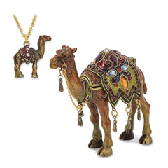 Luxury Giftware by Jere Pewter Bejeweled Crystals Gold-tone Enameled AMIR Prince of the Desert Camel Trinket Box with Matching 18 Inch Necklace