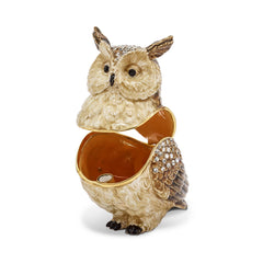 Luxury Giftware by Jere Pewter Bejeweled Crystals Gold-tone Enameled HOOTIE Horned Owl Trinket Box with Matching 18 Inch Necklace