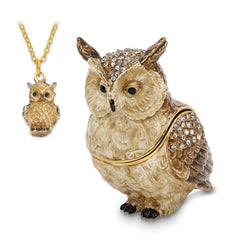 Luxury Giftware by Jere Pewter Bejeweled Crystals Gold-tone Enameled HOOTIE Horned Owl Trinket Box with Matching 18 Inch Necklace