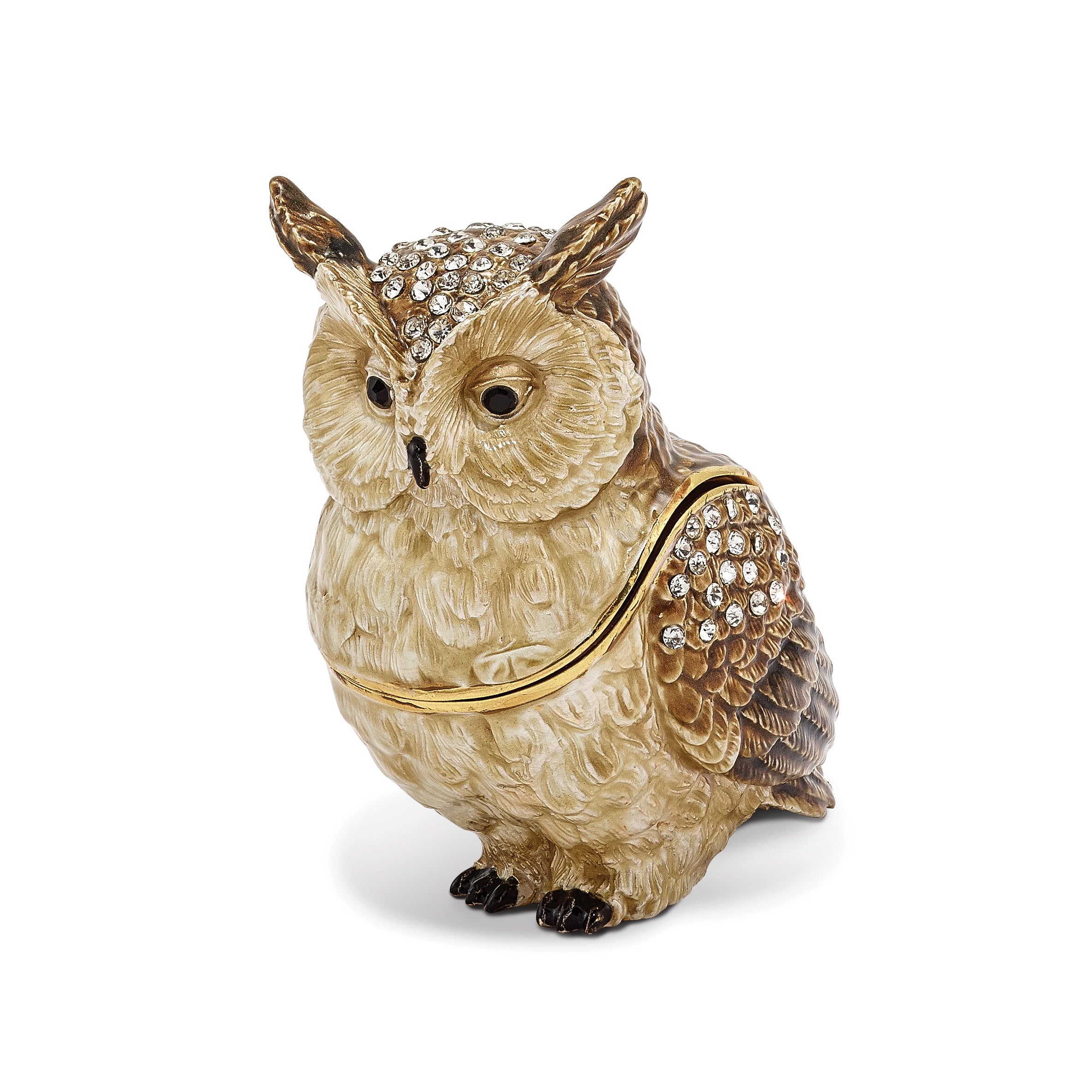 Luxury Giftware by Jere Pewter Bejeweled Crystals Gold-tone Enameled HOOTIE Horned Owl Trinket Box with Matching 18 Inch Necklace