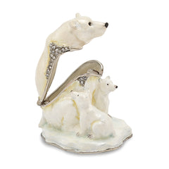 Luxury Giftware by Jere Pewter Bejeweled Crystals Silver-tone Enameled MAMA BEAR With AVA & ASHER Polar Bears Trinket Box with Matching 18 Inch Necklace