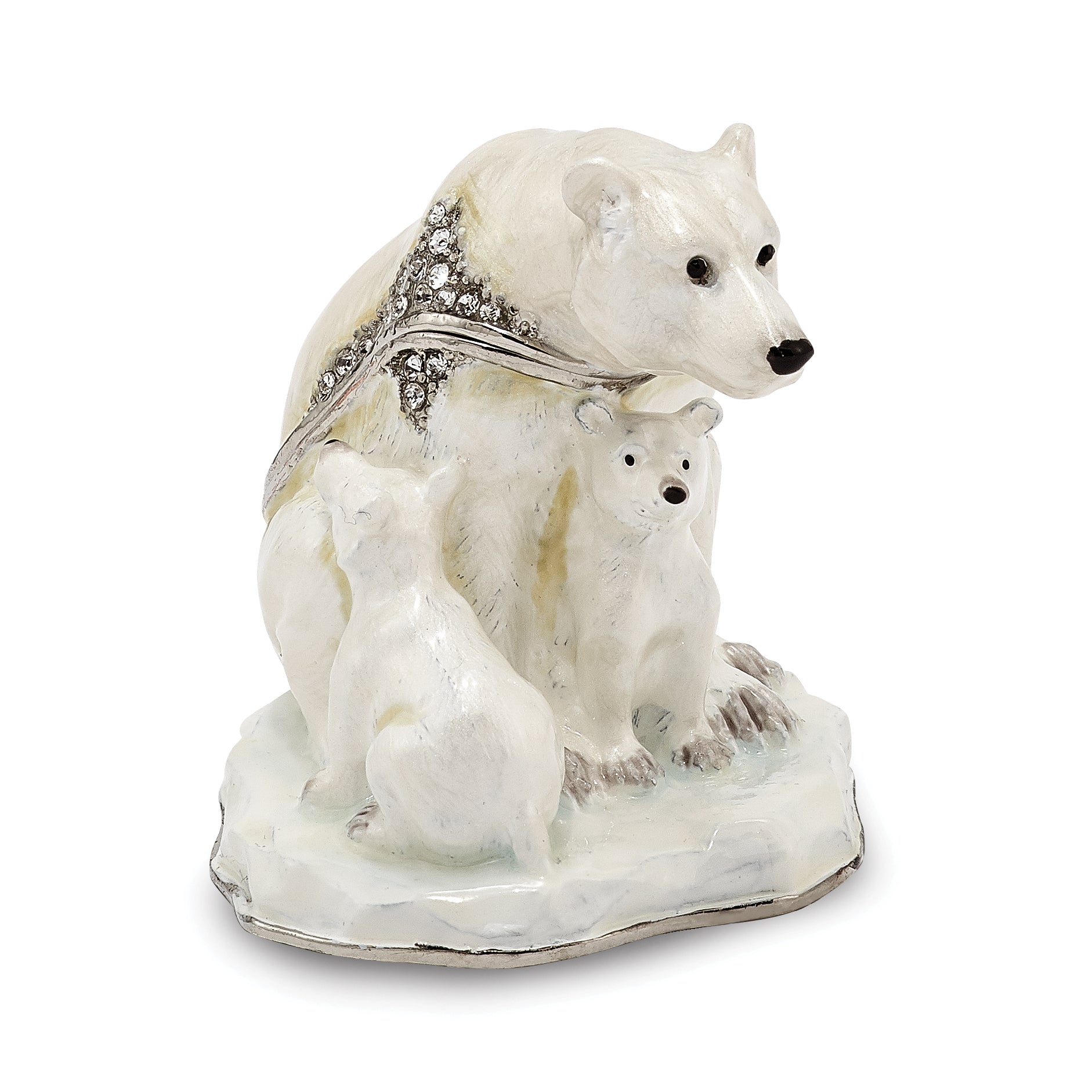 Luxury Giftware by Jere Pewter Bejeweled Crystals Silver-tone Enameled MAMA BEAR With AVA & ASHER Polar Bears Trinket Box with Matching 18 Inch Necklace