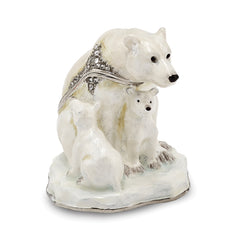 Luxury Giftware by Jere Pewter Bejeweled Crystals Silver-tone Enameled MAMA BEAR With AVA & ASHER Polar Bears Trinket Box with Matching 18 Inch Necklace
