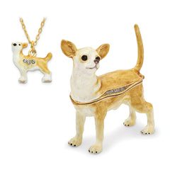 Luxury Giftware by Jere Pewter Bejeweled Crystals Gold-tone Enameled SAMSON Chihuahua Trinket Box with Matching 18 Inch Necklace