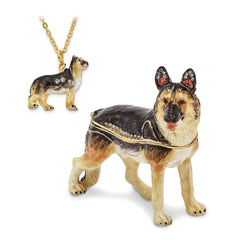 Luxury Giftware by Jere Pewter Bejeweled Crystals Gold-tone Enameled ZEUS German Shepherd Trinket Box with Matching 18 Inch Necklace
