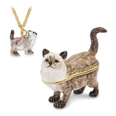 Luxury Giftware by Jere Pewter Bejeweled Crystals Gold-tone Enameled LAYSA Himalayan Cat Trinket Box with Matching 18 Inch Necklace