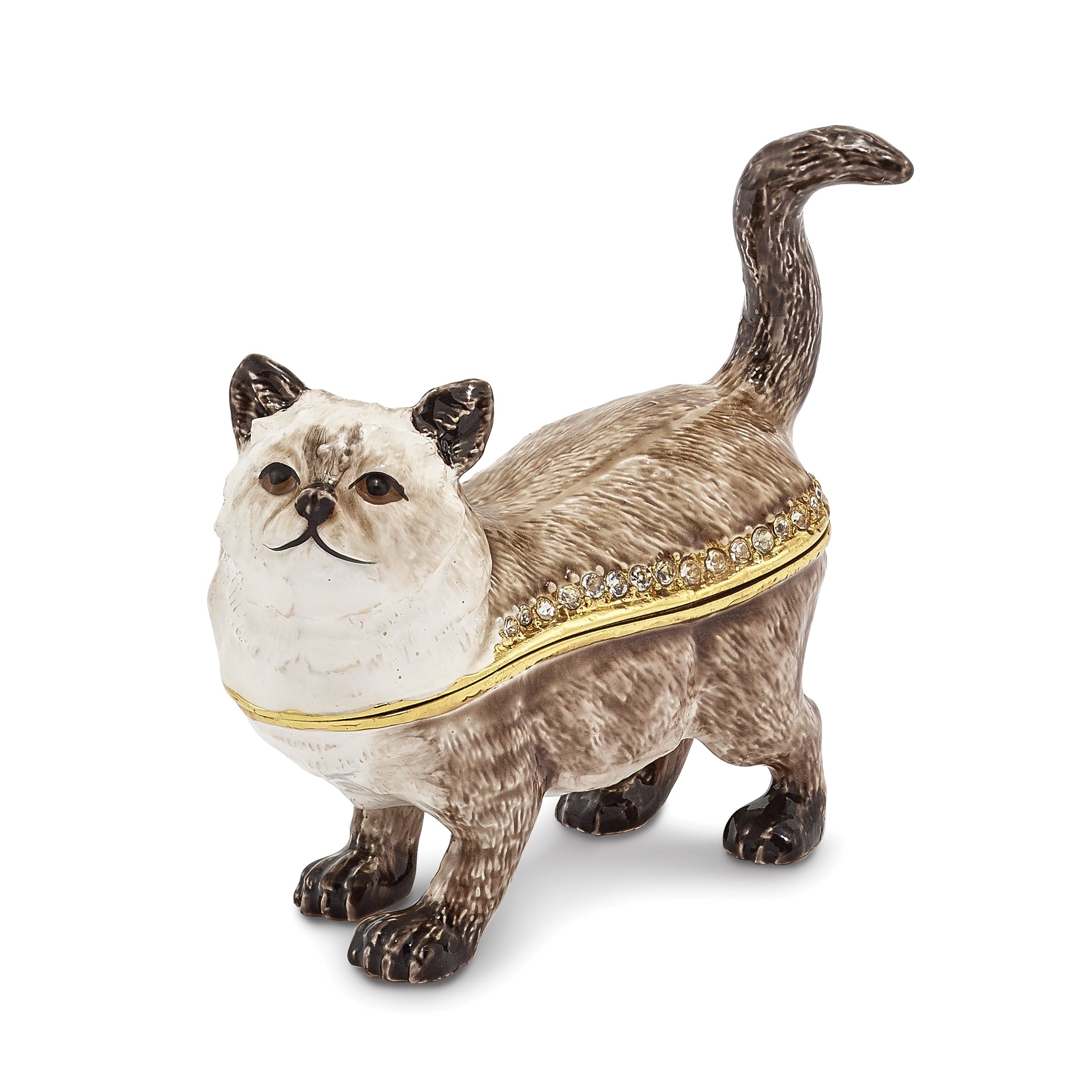 Luxury Giftware by Jere Pewter Bejeweled Crystals Gold-tone Enameled LAYSA Himalayan Cat Trinket Box with Matching 18 Inch Necklace
