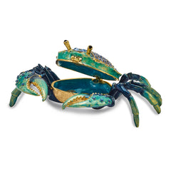 Luxury Giftware by Jere Pewter Bejeweled Crystals Gold-tone Enameled CHESAPEAKE Blue Crab Trinket Box with Matching 18 Inch Necklace
