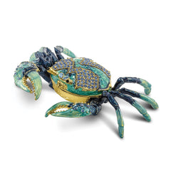 Luxury Giftware by Jere Pewter Bejeweled Crystals Gold-tone Enameled CHESAPEAKE Blue Crab Trinket Box with Matching 18 Inch Necklace