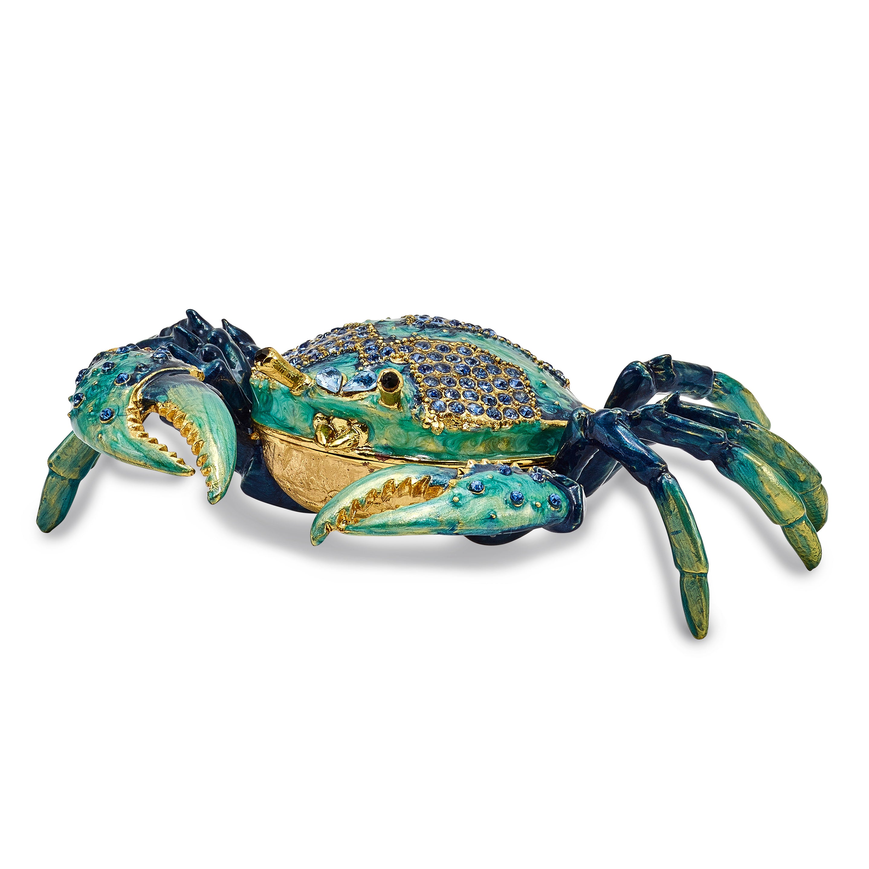 Luxury Giftware by Jere Pewter Bejeweled Crystals Gold-tone Enameled CHESAPEAKE Blue Crab Trinket Box with Matching 18 Inch Necklace