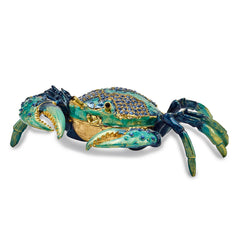 Luxury Giftware by Jere Pewter Bejeweled Crystals Gold-tone Enameled CHESAPEAKE Blue Crab Trinket Box with Matching 18 Inch Necklace